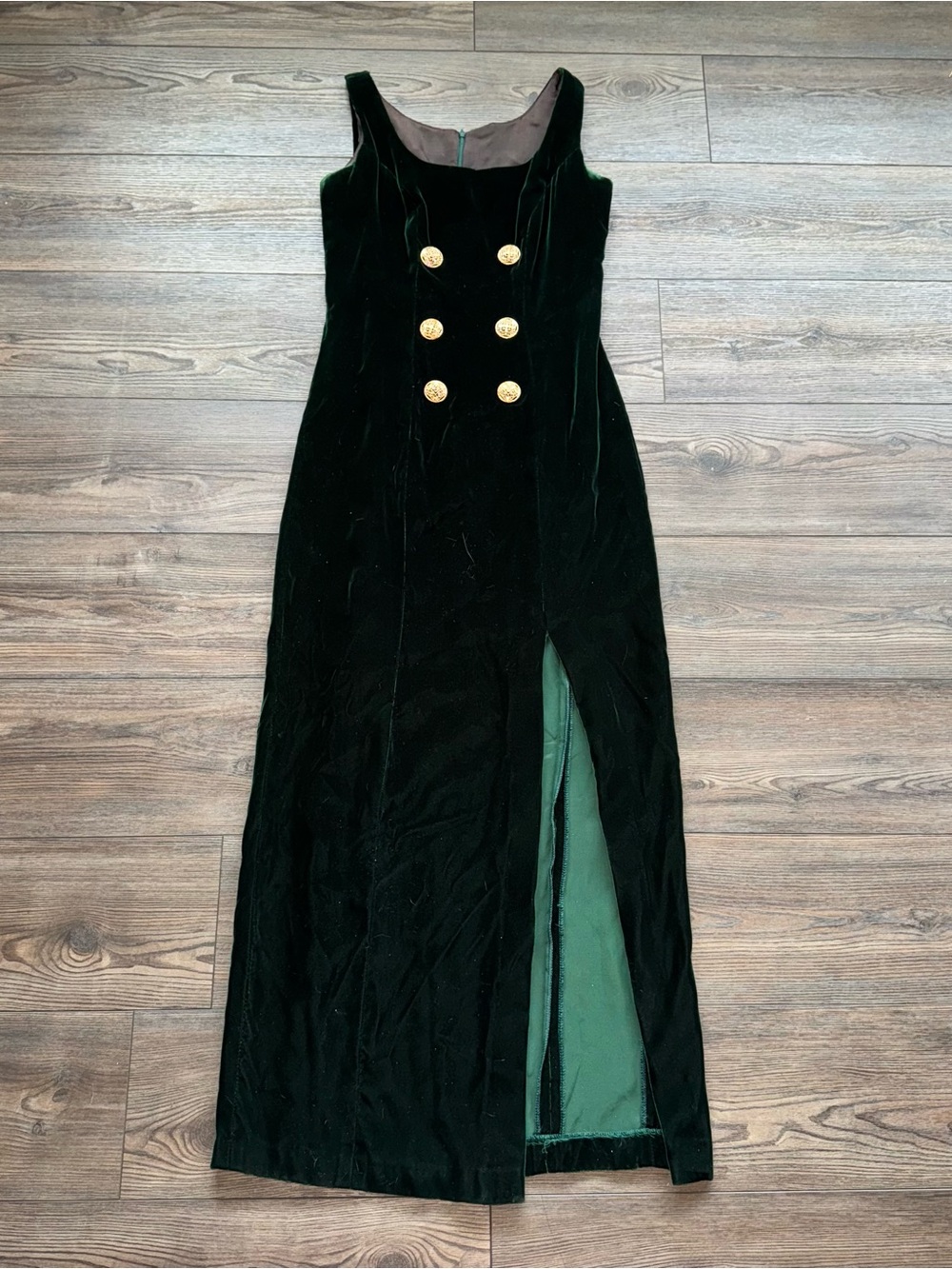 Women's Emerald Green Velvet Maxi Dress Gold Buttons Whimsy Festival